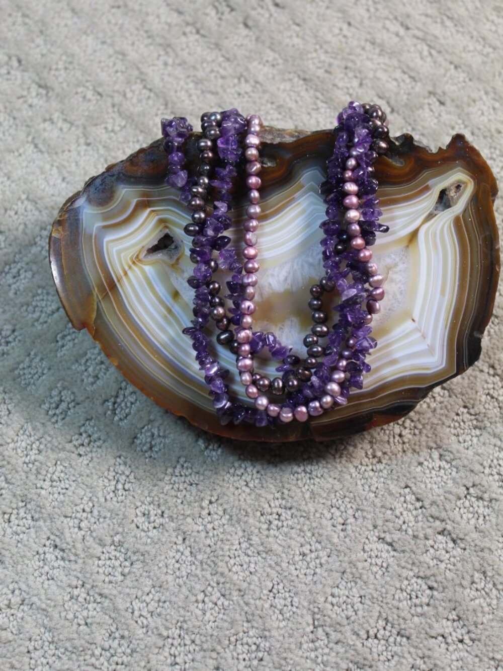 Freshwater Iridescent Pearl and Purple Amethyst Chip Multi Strand 17" Necklace